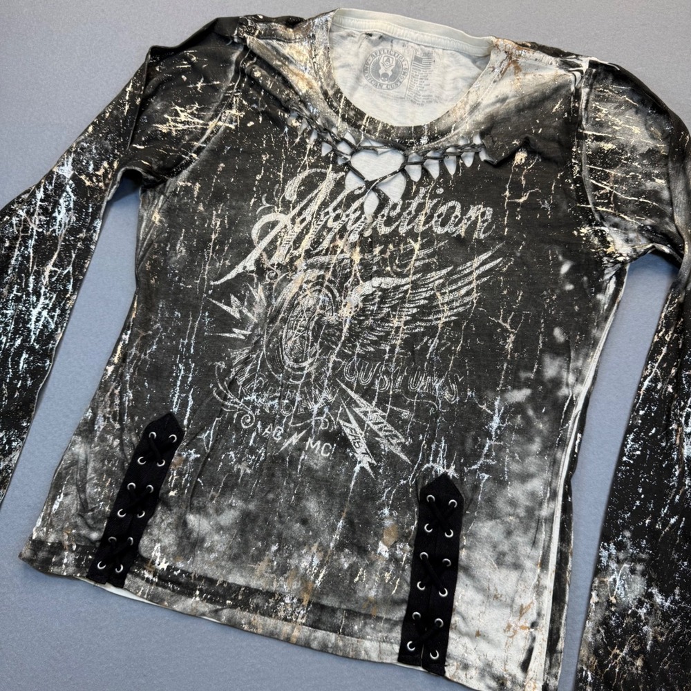 Affliction Women XL Long Sleeve Graphic Shirt Lace‎ Up Distressed Black Silver